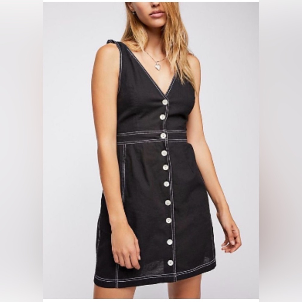 Free People Black Mini Dress with Button Detail - Picture 2 of 6